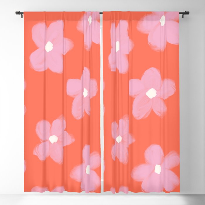 Tropical Pink Flowers on Peachy Coral Color Blackout Curtain