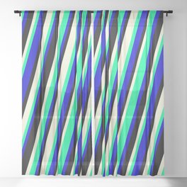 [ Thumbnail: Beige, Green, Blue, and Black Colored Striped/Lined Pattern Sheer Curtain ]