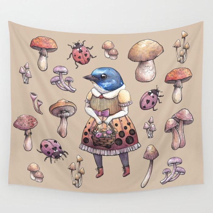 Mushroom Pickers - Lady Blue Wall Tapestry