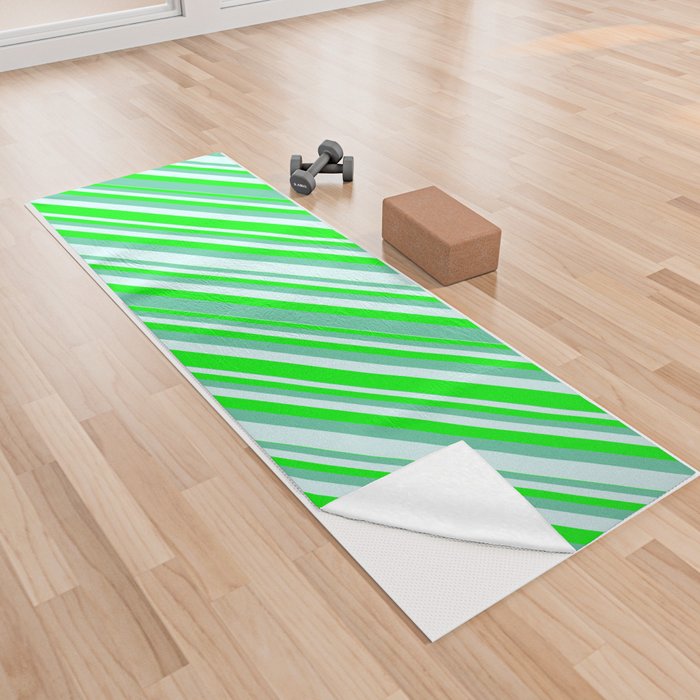 Lime, Aquamarine, and Light Cyan Colored Lines Pattern Yoga Towel