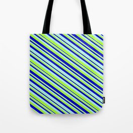 [ Thumbnail: Turquoise, Light Green, and Blue Colored Stripes Pattern Tote Bag ]