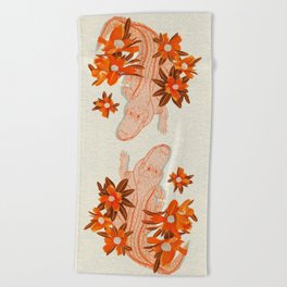 Alligator and Camellias Beach Towel