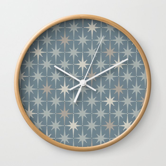 Midcentury Modern Atomic Starburst Pattern in Light Neutral Blue Gray Tones Wall Clock