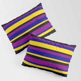 [ Thumbnail: Yellow, Black, Purple, and Dark Blue Colored Pattern of Stripes Pillow Sham ]