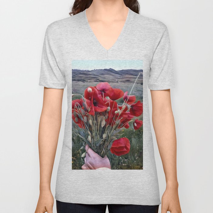 Surreal red poppy bouquet in woman hand remembrance flowers V Neck T Shirt