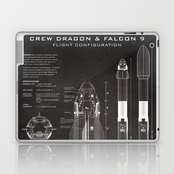 NASA SpaceX Crew Dragon Spacecraft & Falcon 9 Rocket Blueprint in High Resolution (black) Laptop & iPad Skin