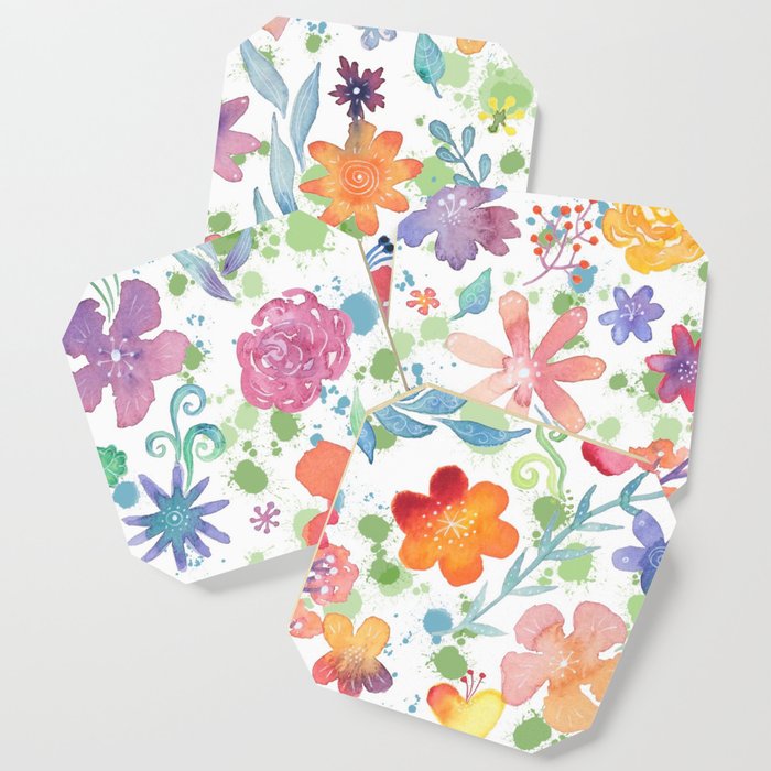 Colorful Whimsical Watercolor Flowers Pattern Coaster