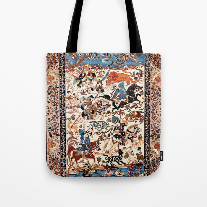 Isfahan Vintage Persian Hunting Rug Print Tote Bag