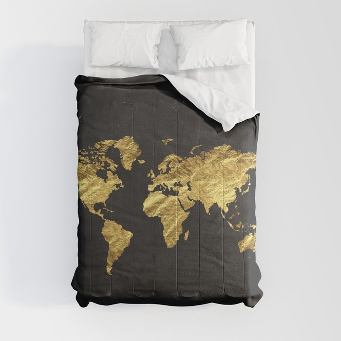 gold world map art poster print godl foil map comforter by peachandgold society6
