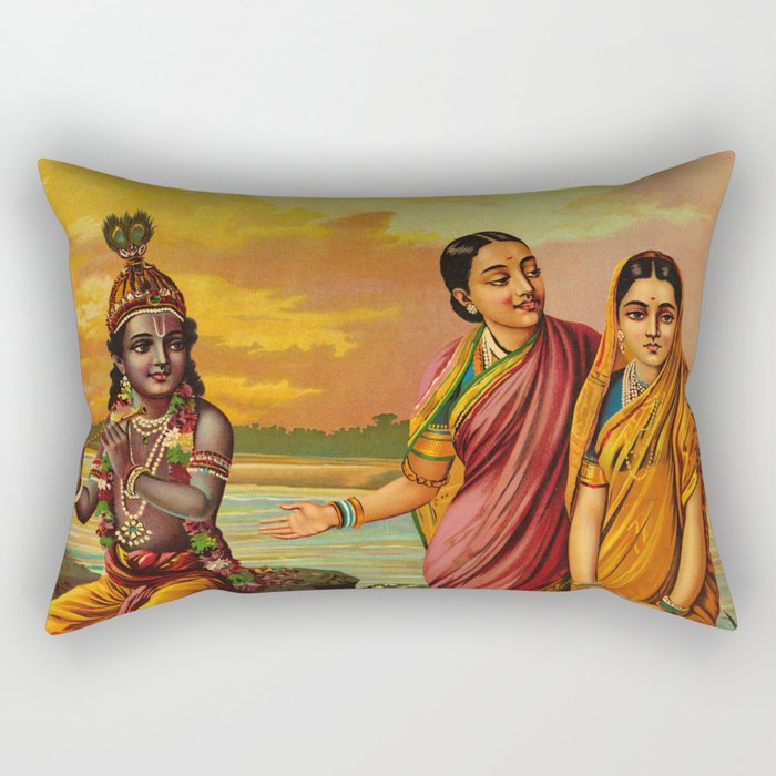 Krishna declaring his love for Radha by Raja Ravi Varma Rectangular Pillow