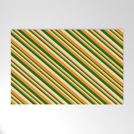 [ Thumbnail: Dark Orange, Dark Green & Bisque Colored Lines Pattern Welcome Mat ]