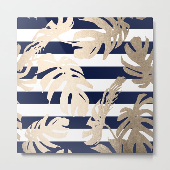 Simply Tropical Palm Leaves on Navy Stripes Metal Print