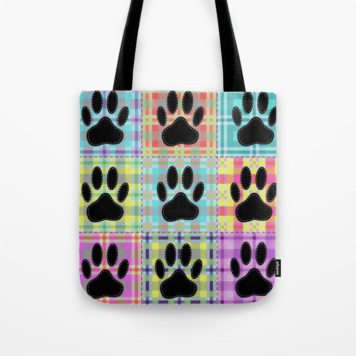 Colorful Quilt Dog Paw Print Drawing Tote Bag