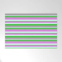 [ Thumbnail: Violet, Light Cyan, Lime Green, and Dark Grey Colored Lines/Stripes Pattern Welcome Mat ]