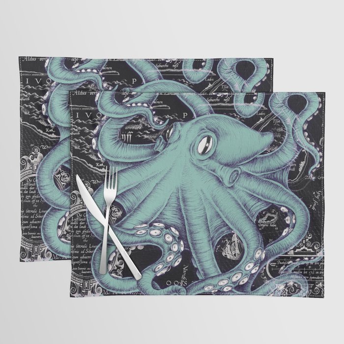Octopus Teal Mint Tentacles Vintage Map Ink Placemat