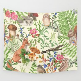 Hand drawn seamless pattern with watercolor forest animals and plants. Pattern for kids, wood inhabitants, cute animals Wall Tapestry