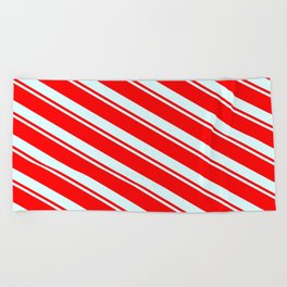 [ Thumbnail: Light Cyan and Red Colored Lined/Striped Pattern Beach Towel ]