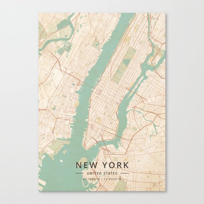 New York, United States - Vintage Map Canvas Print