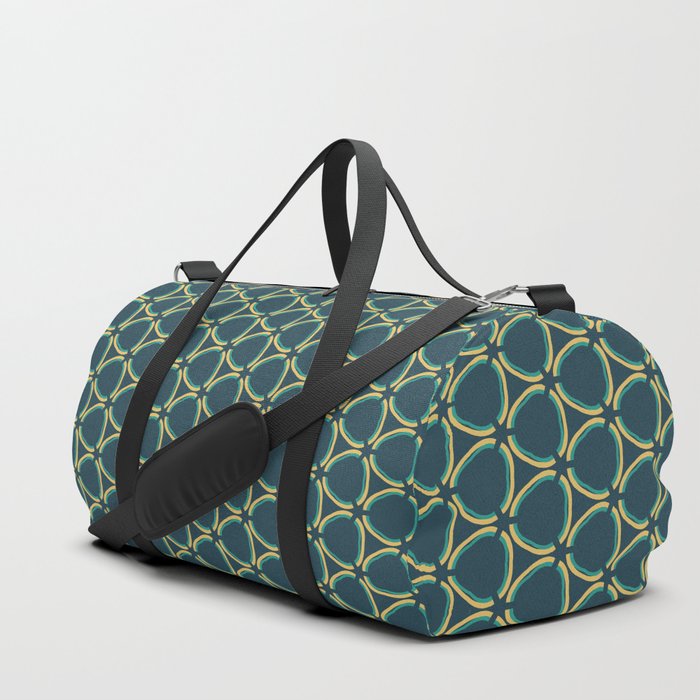 Geometric pattern no.6 with blue and yellow round shapes on a dark blue background Duffle Bag