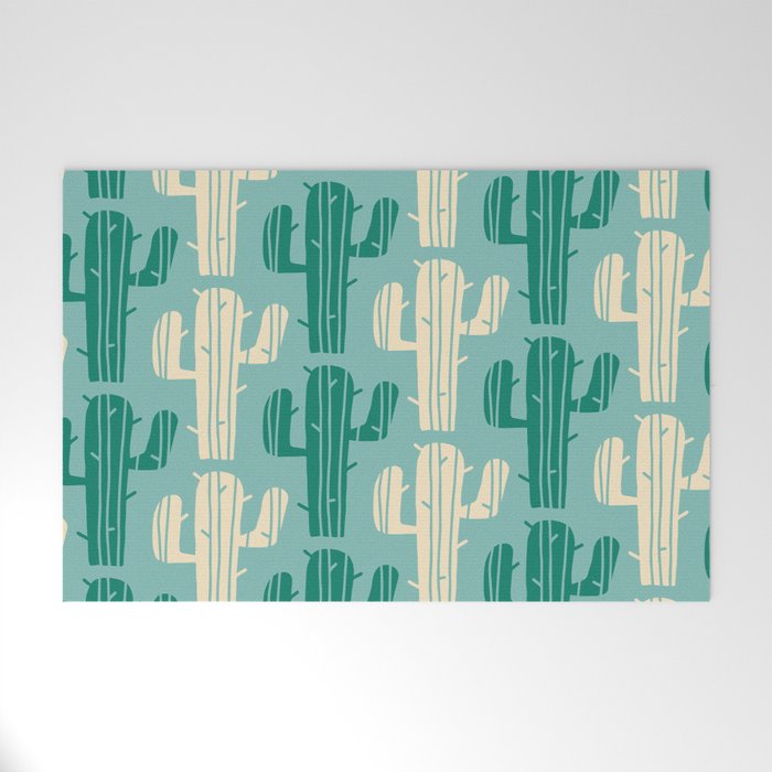Mid Century Modern Desert Cactus Pattern 832 Turquoise and Blue Welcome Mat