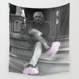 Satirical Einstein in Fuzzy Pink Slippers Classic E = mc² Black and White Satirical Photography  Wall Tapestry