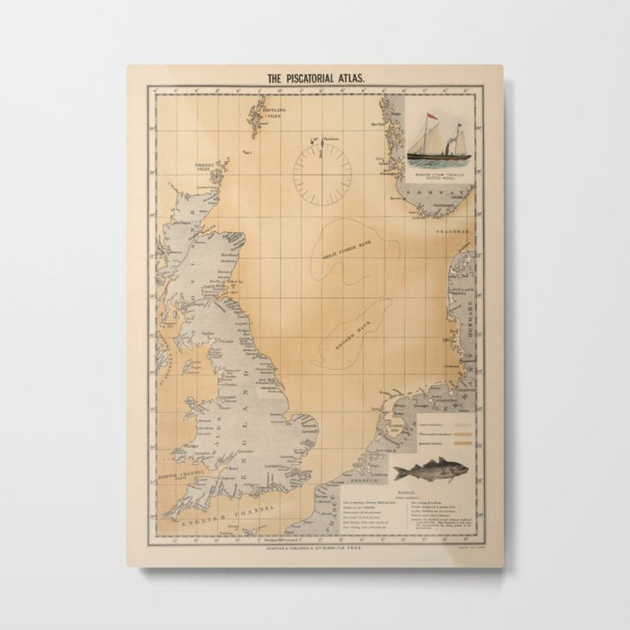Old English Channel Haddock Concentration Areas Map (1883) Vintage England Fisherman Atlas Metal Print