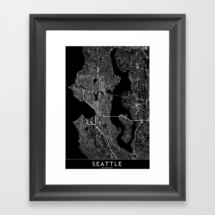 Seattle Black Map Framed Art Print