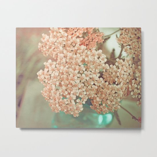 Botanical Still Life Yarrow in Apricot and Jade Metal Print