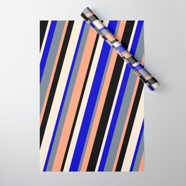[ Thumbnail: Colorful Blue, Slate Gray, Light Salmon, Black, and Beige Colored Lined/Striped Pattern Wrapping Paper ]