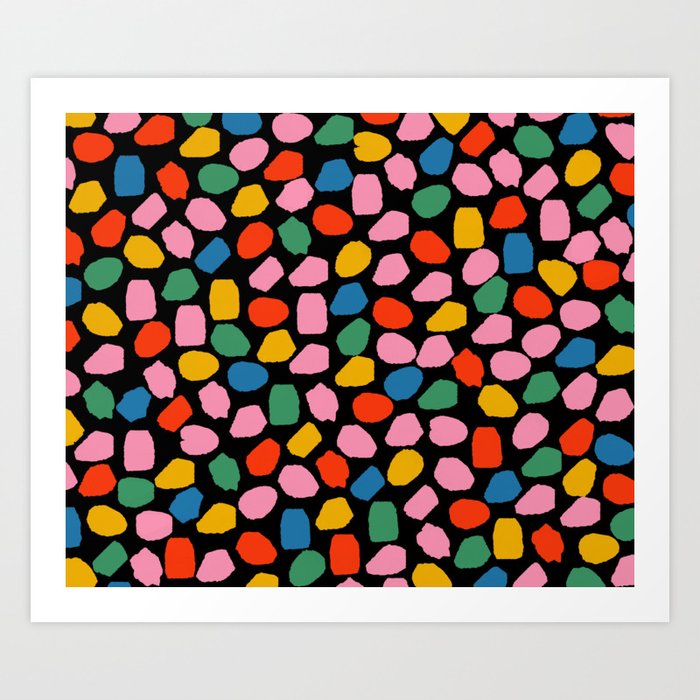 Ink Dot Colourful Mosaic Pattern in Rainbow Pop Colours on Black Art Print