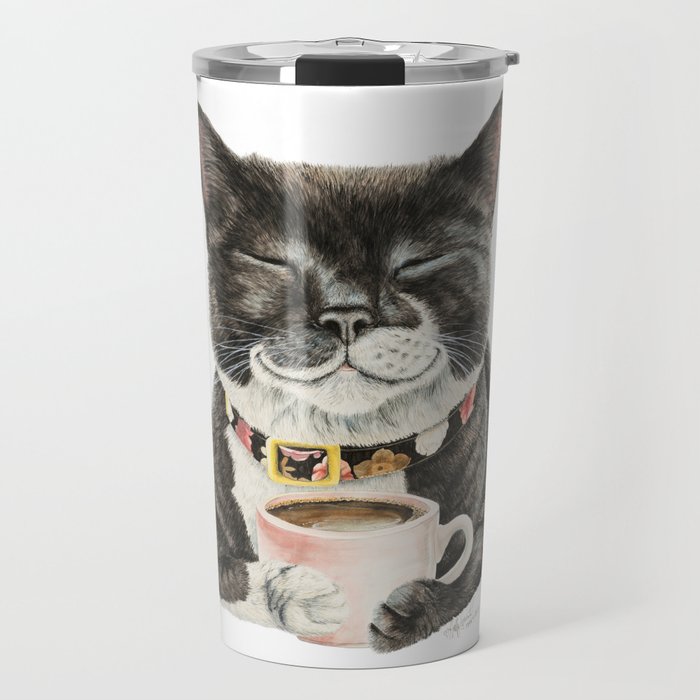 Purrfect Morning , cat with her coffee cup Travel Mug