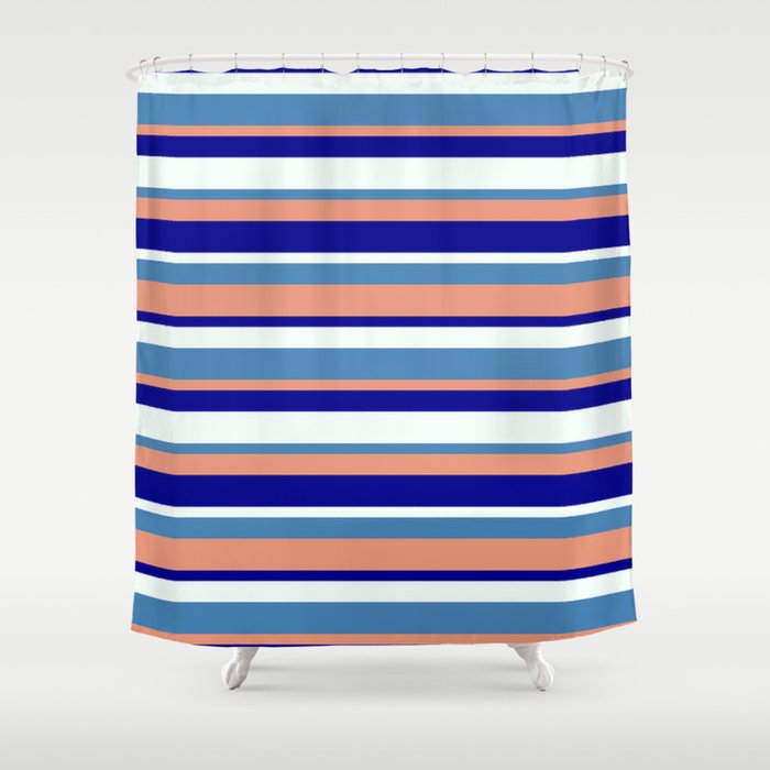 Blue, Dark Salmon, Dark Blue & Mint Cream Colored Stripes Pattern Shower Curtain