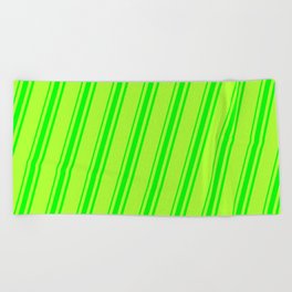[ Thumbnail: Light Green and Lime Colored Striped Pattern Beach Towel ]