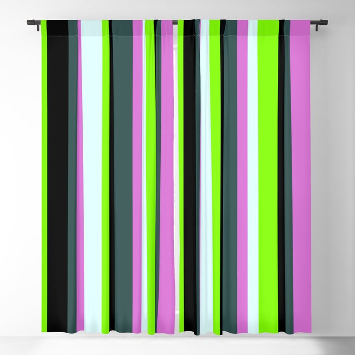 Dark Slate Gray, Orchid, Light Cyan, Chartreuse & Black Colored Lines/Stripes Pattern Blackout Curtain