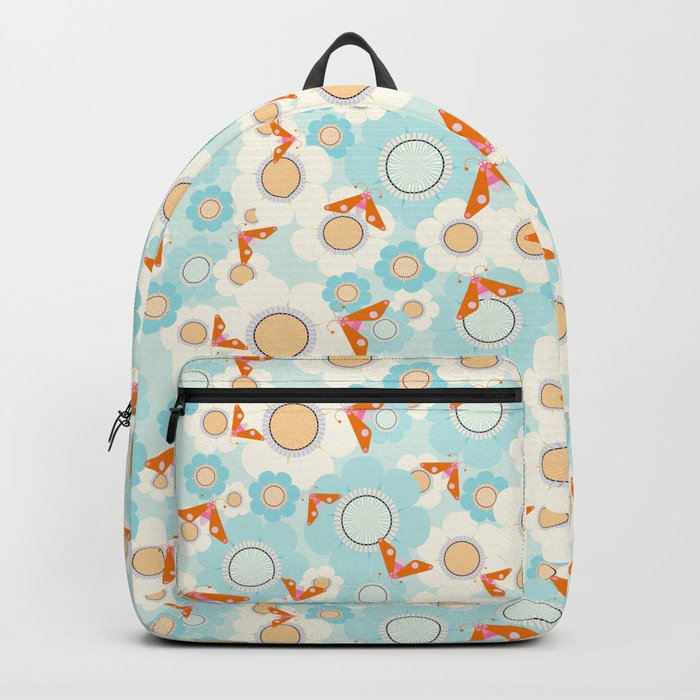 Orange and pink butterflies over blue flowers Backpack