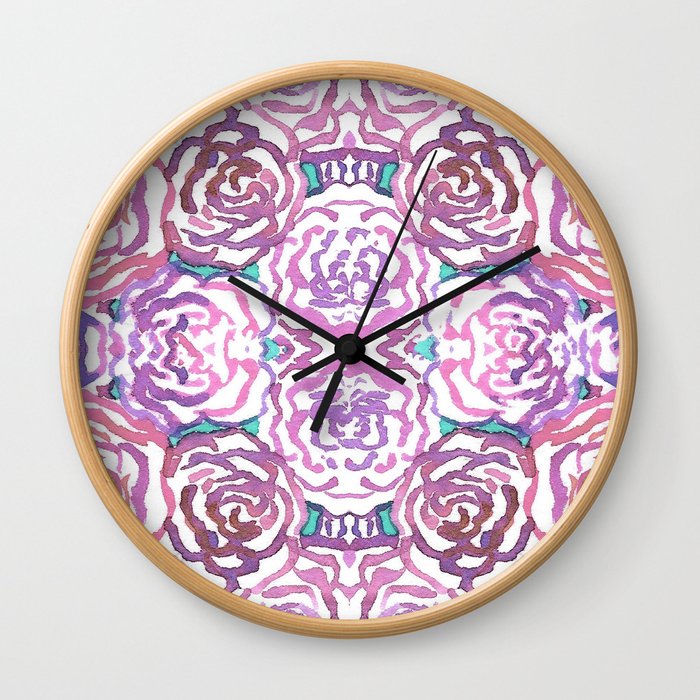Purple and Pink Watercolor Roses Wall Clock