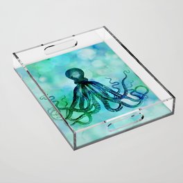 Octopus blue green mixed media underwater artwork Acrylic Tray