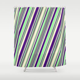 [ Thumbnail: Grey, Light Yellow, Indigo, and Green Colored Lines/Stripes Pattern Shower Curtain ]