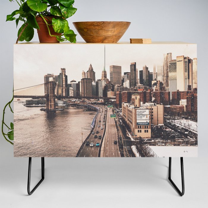 New York City | NYC Skyline and Brooklyn Bridge | Film Style Photography | Lower Manhattan Winter Credenza