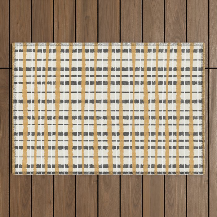 Hygge Plaid Painted Stripe Pattern Ochre Charcoal Cream Outdoor Rug