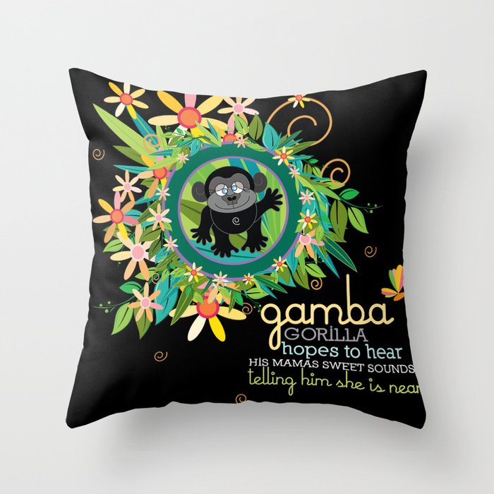 GAMBA gorilla® hopes to hear his mamas sweet sounds telling him she is near. Throw Pillow