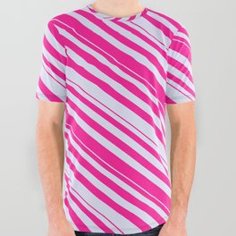 [ Thumbnail: Lavender & Deep Pink Colored Striped Pattern All Over Graphic Tee ]