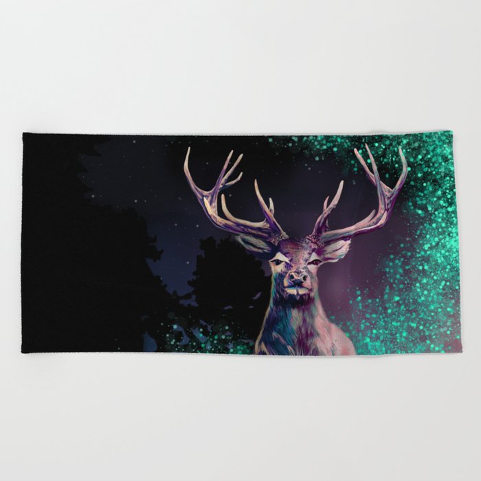 Buck in the Night, Deer with Colorful Antlers in the Night, Dark Nature Art Illustration Beach Towel