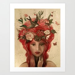 red haired green eyed Crimson Fairy with flowers butterflies and birds portrait Art Print