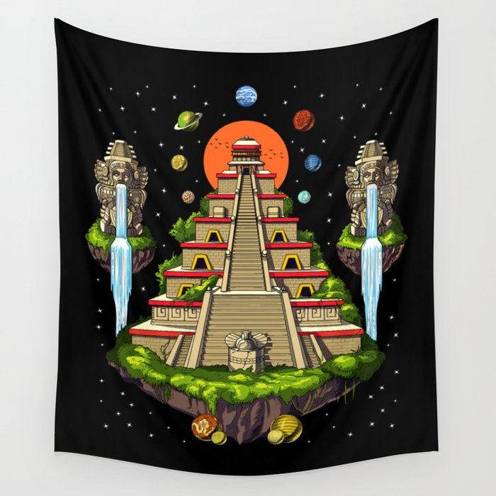 Space Aztec Pyramid Island Wall Tapestry