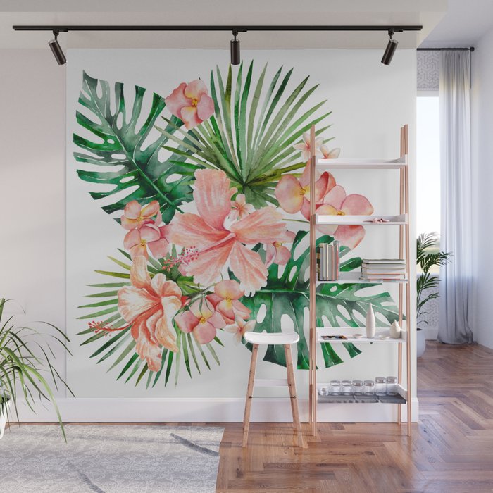 Tropical Jungle Hibiscus Flowers Floral Wall Mural By