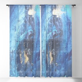 Vortex: a vibrant, blue and gold abstract mixed-media piece Sheer Curtain