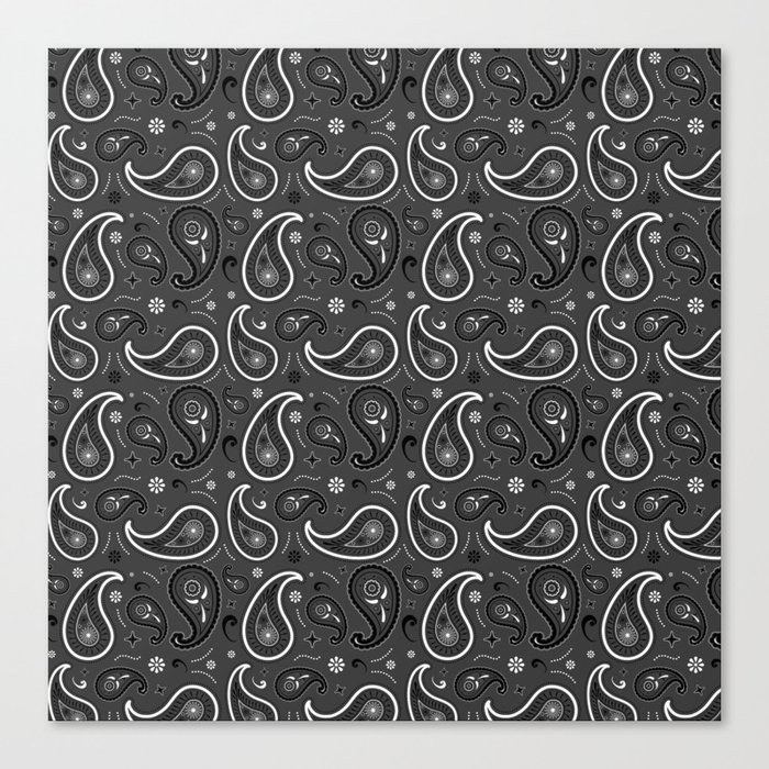 Black and White Paisley Pattern on Dark Grey Background Canvas Print