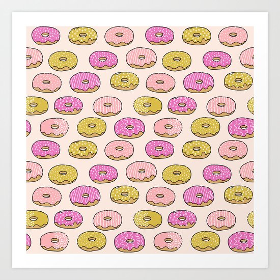 Donuts pattern pink doughnut cute food print by andrea lauren Art Print