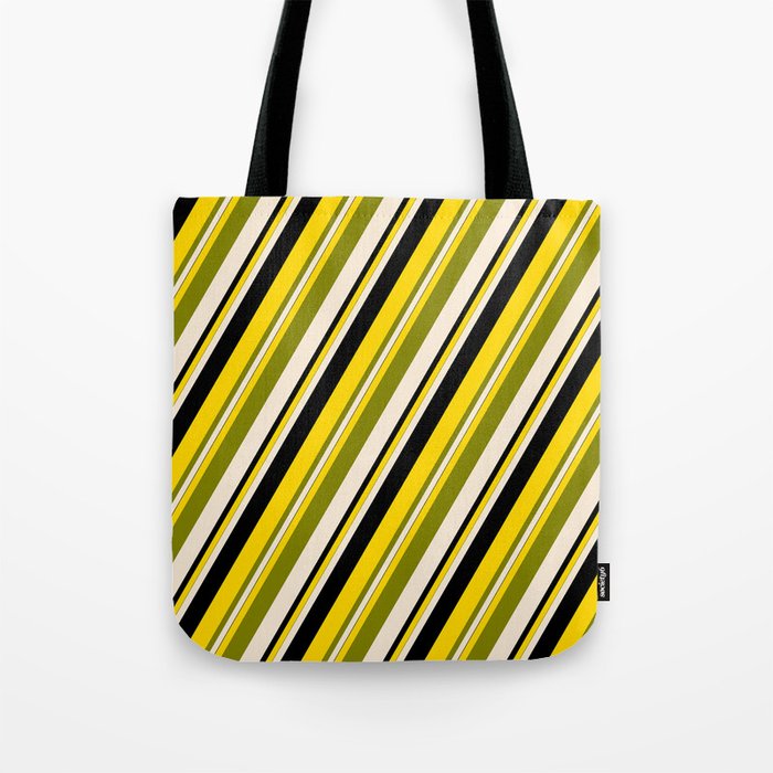 Yellow, Green, Beige, and Black Colored Lines/Stripes Pattern Tote Bag